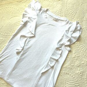 White cotton jersey ruffle sleeve top. Girls 12